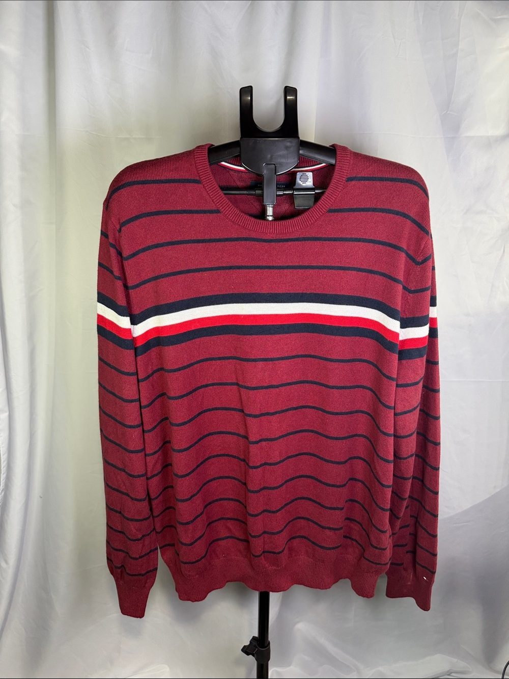 Tommy Hilfiger Burgundy Crewneck Sweater with Navy & White Stripes